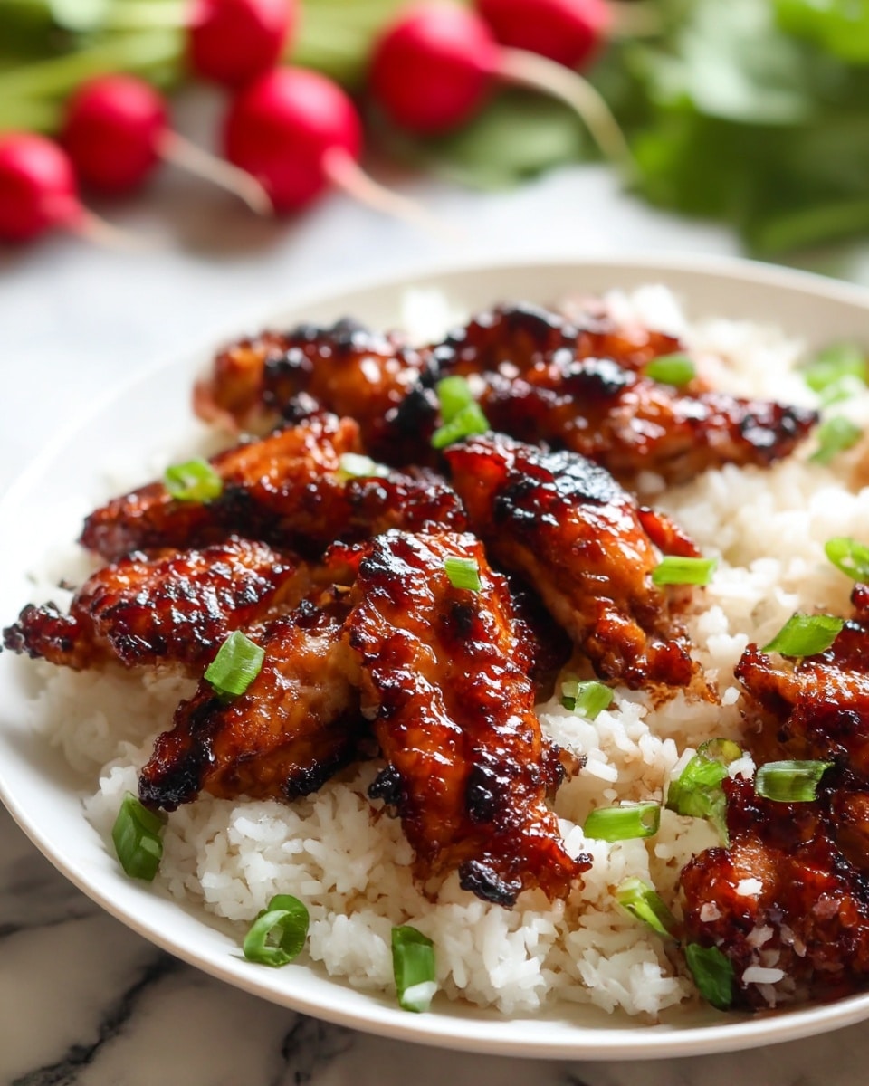 The image shows a white plate with a layer of plain white rice as the base, soft and slightly sticky in texture. On top, there are multiple pieces of grilled chicken coated with a shiny, dark brown glaze with some black char marks, giving a crispy look. The chicken pieces are scattered unevenly, and small bits of chopped green onions are sprinkled on both the rice and chicken, adding a fresh green color contrast. The background features a white marbled surface and blurry red radishes with green leaves. photo taken with an iphone --ar 4:5 --v 7