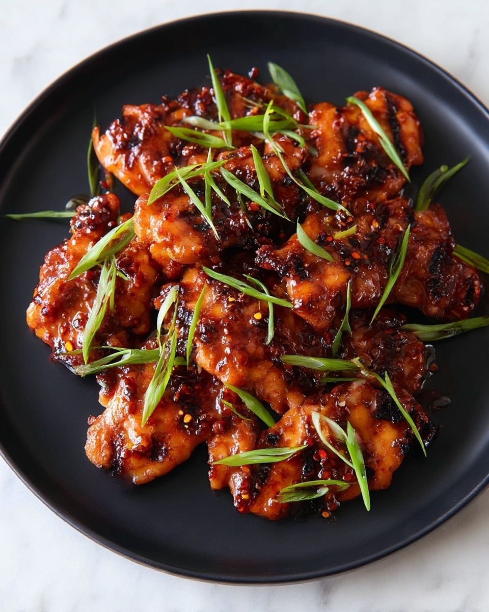 A black round plate holds a pile of grilled chicken pieces glazed with a shiny, dark, reddish-brown sauce that looks sticky and spicy, with visible bits of crushed pepper or chili flakes. The chicken pieces are irregularly shaped and piled in the center, some overlapping others, showing a mix of charred edges and tender meat. Scattered on top and around the chicken are thin slices of bright green spring onions, adding a fresh contrast to the rich sauce. The plate sits on a white marbled surface, making the dark plate and vibrant food stand out. photo taken with an iphone --ar 4:5 --v 7