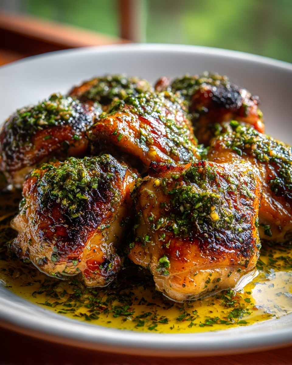 The image shows a close-up of six pieces of grilled chicken thighs placed closely together in a white bowl. Each piece has a shiny, crispy, golden-brown skin with charred black spots and is covered with a thick layer of green herbs and minced garlic sauce, giving a textured, fresh appearance on top. The chicken sits in a shallow pool of golden oil mixed with finely chopped herbs, which glistens and reflects light. The background has a soft, natural light coming from a window, making the colors bright and appetizing. The photo taken with an iphone --ar 4:5 --v 7