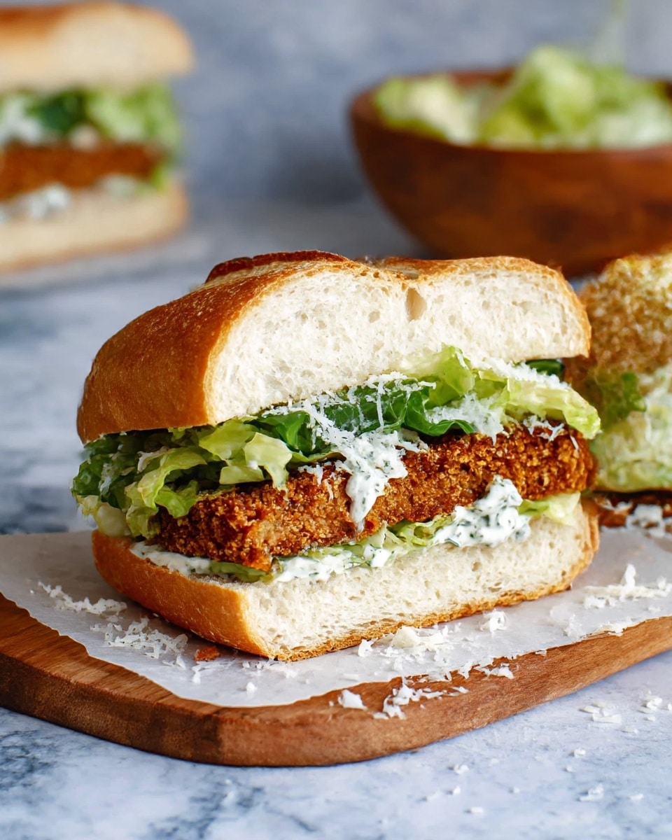 A sandwich with a golden brown crusty bread cut open showing three main layers: the bottom layer is the soft white inside of the bread, the middle layer is a crispy fried patty with a rough texture and golden brown color, and the top layer is fresh green leafy lettuce mixed with creamy white dressing and some white grated cheese sprinkled on top and around the sandwich. The sandwich is placed on a wooden board with white parchment paper underneath, set against a white marbled texture surface, and there is a blurred second sandwich and a wooden bowl in the background. Photo taken with an iphone --ar 4:5 --v 7