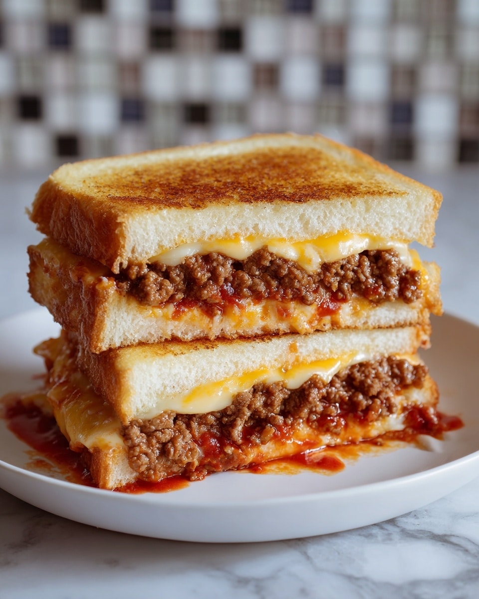 A sandwich cut in half and stacked on a white plate, showing three main layers: the top and bottom layers are light golden-brown bread with a soft, fluffy texture; the middle layer has cooked ground beef in a rich brown color mixed with melted cheese that is light yellow and blurry in texture, accompanied by a layer of bright red tomato sauce slightly oozing out. The sandwich rests on a white marbled surface with a blurry mosaic tile background. photo taken with an iphone --ar 4:5 --v 7