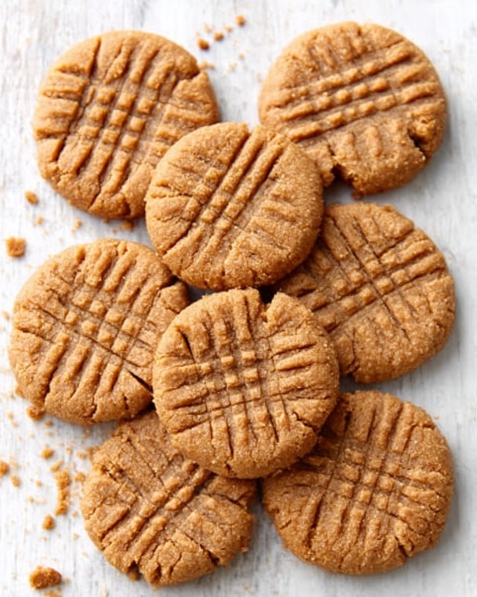 The image shows a group of seven round peanut butter cookies arranged on a white marbled surface. Each cookie has a light brown color and features a crisscross fork pattern on top, creating a grid texture. The cookies vary slightly in size and some are overlapping, with small crumbs scattered around them. They have a rough, crumbly texture with visible cracks. photo taken with an iphone --ar 4:5 --v 7