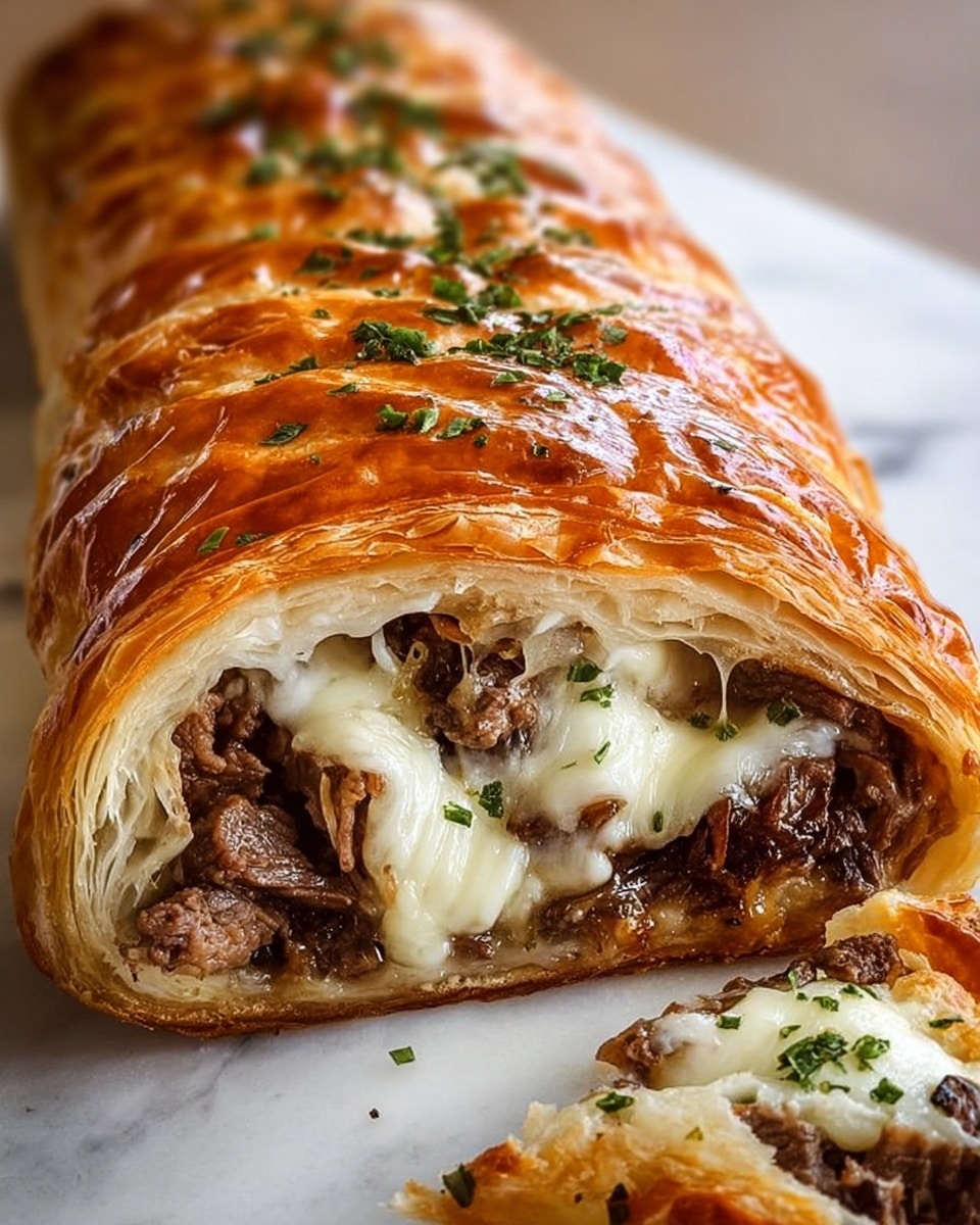 The image shows a close-up of a long baked roll on a white marbled surface, with a crispy golden-brown puff pastry crust that is flaky and shiny on top. The roll is sliced open at one end, revealing three layers inside: the outer layer is the puff pastry, the middle layer is melted white cheese that stretches slightly, and the inner layer is filled with tender, juicy cooked beef pieces that look rich and soft. The top of the roll is sprinkled with finely chopped green herbs. A small piece of the roll lies beside it with melted cheese and herbs visible. Photo taken with an iphone --ar 4:5 --v 7