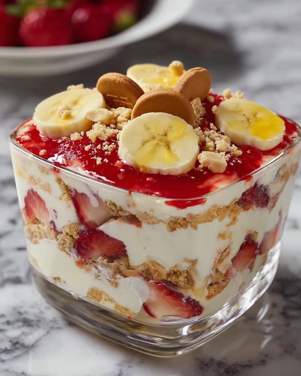 The image shows a clear glass dish with a layered dessert that has four visible layers. The bottom layer is made of crushed nuts or cookie crumbs, a light brown color with a crumbly texture. Above that is a thick creamy white layer with pieces of red strawberries embedded inside. The next layer is a light red strawberry jelly or sauce that looks glossy and slightly transparent. On top is another thick white creamy layer. The top is decorated with sliced yellow bananas, whole strawberries, and small round brown cookies. The dish sits on a white marbled surface. Photo taken with an iphone --ar 4:5 --v 7