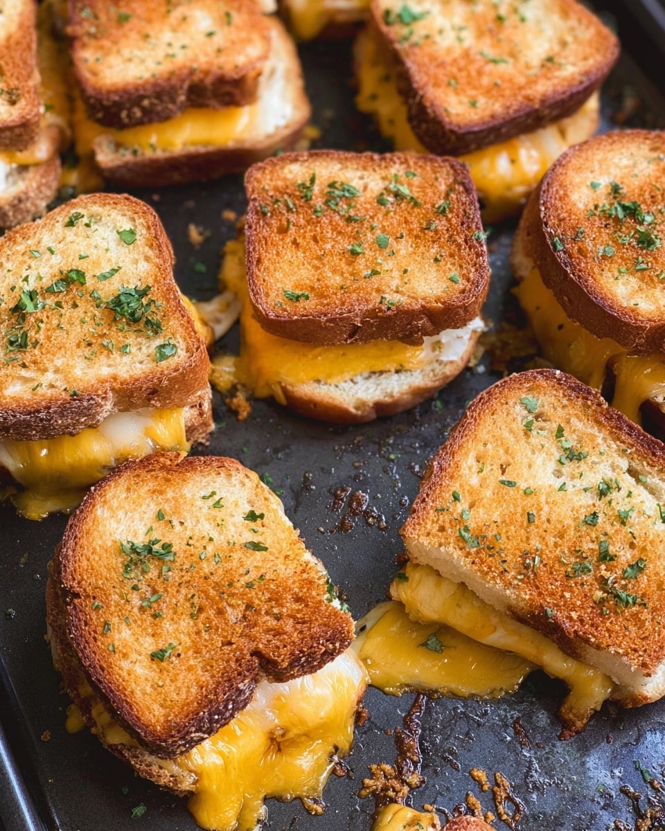 The image shows several small grilled cheese sliders arranged close together on a dark baking tray. Each slider has two layers of toasted bread with a golden-brown color and a slightly crispy texture, topped with green herbs scattered on top. Between the bread layers is melted yellow cheese that is oozing slightly out of the sandwiches, with some cheese browned and crispy on the edges. The bread looks soft inside with a crunchy outer layer. The baking tray has some crumbs and melted cheese spots around the sliders. photo taken with an iphone --ar 4:5 --v 7