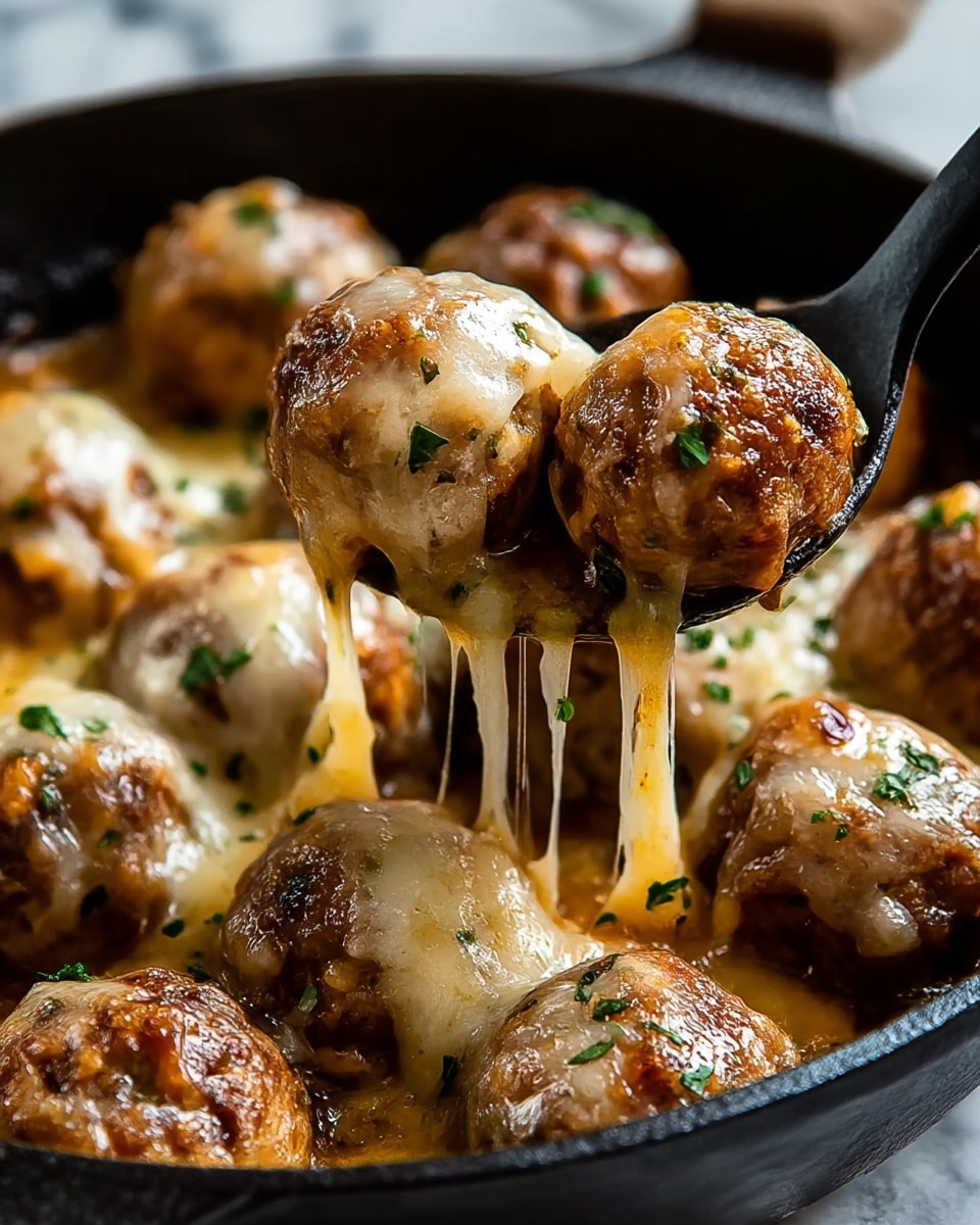 A close-up view of several browned meatballs covered with melted cheese, placed inside a black pan with a layer of golden melted cheese at the bottom, garnished with chopped fresh green herbs. One meatball is being lifted by a fork held by a woman's hand, with gooey melted cheese stretching from the meatball to the pan. The meatballs have a crispy texture on the outside with smooth melted cheese on top, and bits of onion visible within the cheese layer. The background is softly blurred, focusing on the rich texture and colors of the meatballs and cheese. Photo taken with an iphone --ar 4:5 --v 7