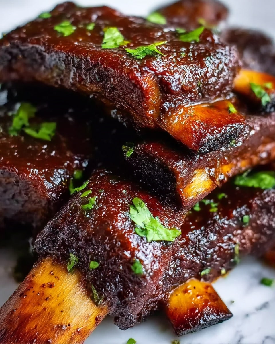 The image shows a pile of dark brown ribs covered in a shiny, sticky barbecue sauce. The ribs are stacked closely together, with visible bones peeking through the tender meat. Small pieces of bright green cilantro leaves are sprinkled on top, adding a fresh contrast to the rich color of the sauce. The ribs have a textured surface showing caramelized edges and a moist glaze. The background is a white marbled texture, making the ribs stand out clearly. Photo taken with an iphone --ar 4:5 --v 7