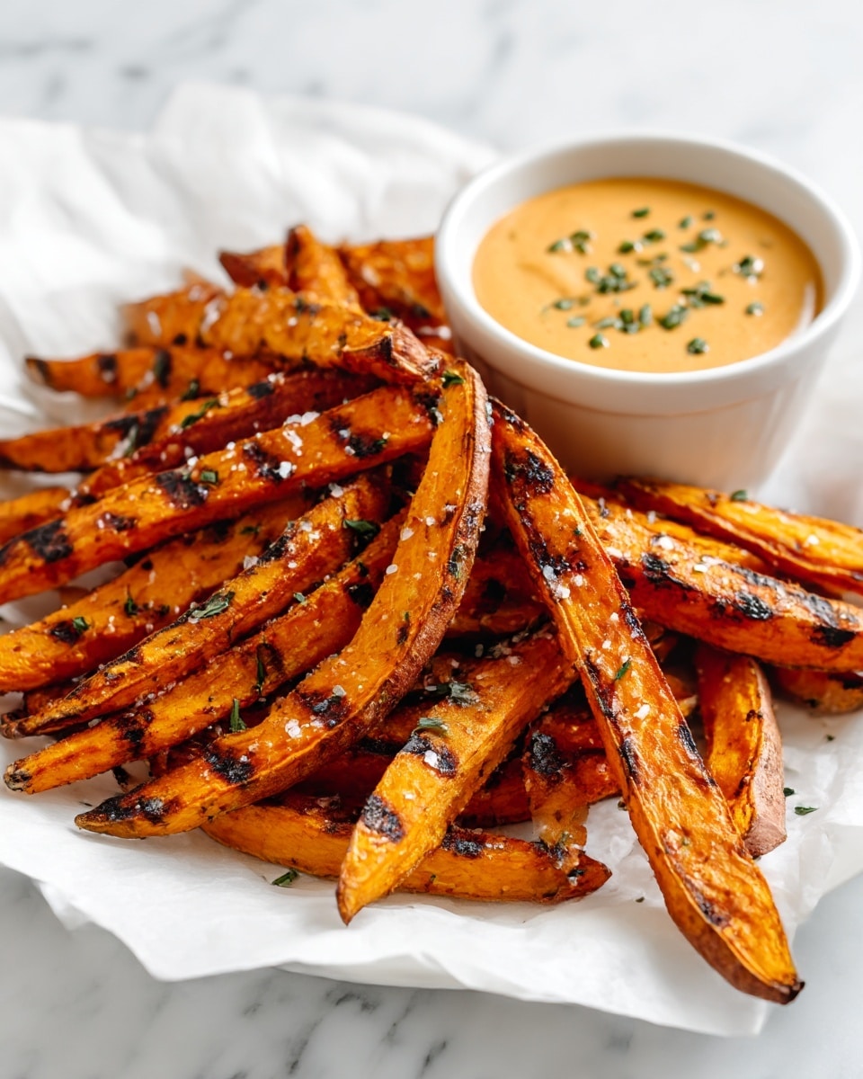 A white plate holds a pile of crispy sweet potato fries, about two layers thick, each fry showing a golden-orange color with dark brown edges and specks of seasoning. The fries have a rough texture with visible grains of salt and small green parsley leaves sprinkled on top. At the back of the plate, there is a small white bowl filled with a creamy, light orange dipping sauce smoothly swirled in the bowl with green herbs scattered on the surface. The plate is set on a white marbled textured surface, creating a clean and bright background. Photo taken with an iphone --ar 4:5 --v 7