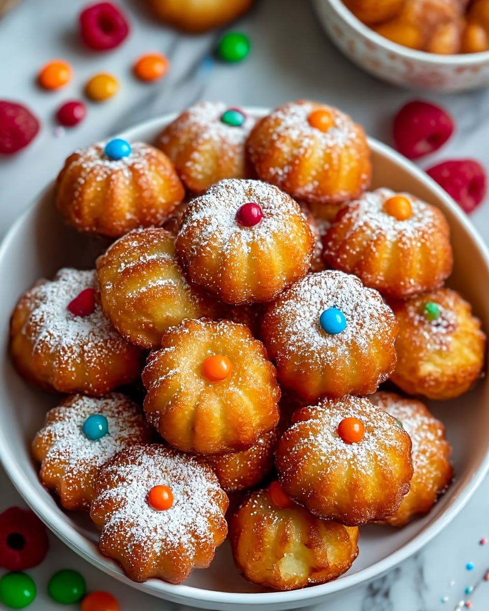 A white bowl filled with many small, golden brown, round mini bundt cakes, each topped with a light dusting of white powdered sugar. In the center of each mini bundt cake, there are a few small, colorful round sprinkles in red, green, blue, and orange. The cakes have a textured, ridged surface from the bundt shape, creating a ridged pattern on each piece. Some parts of the cakes are slightly darker brown from baking. Around the bowl, on a white marbled surface, colorful round candies and a few fresh raspberries are scattered. photo taken with an iphone --ar 4:5 --v 7