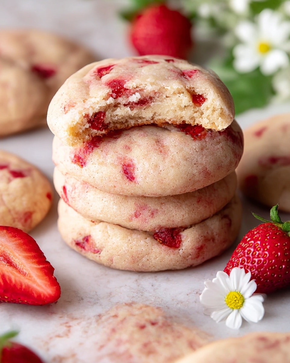 A stack of four soft, round cookies with a pinkish-beige color and red strawberry bits mixed evenly throughout each cookie; the top cookie has a bite taken out, revealing a slightly crumbly texture inside. Around the stack are more cookies of the same kind lying flat, showing their smooth, slightly cracked tops. Nearby, half of a fresh strawberry and a few whole strawberries rest, adding bright red and green colors. A small white flower with a yellow center sits near the strawberries. The whole scene is set on a white marbled surface. photo taken with an iphone --ar 4:5 --v 7