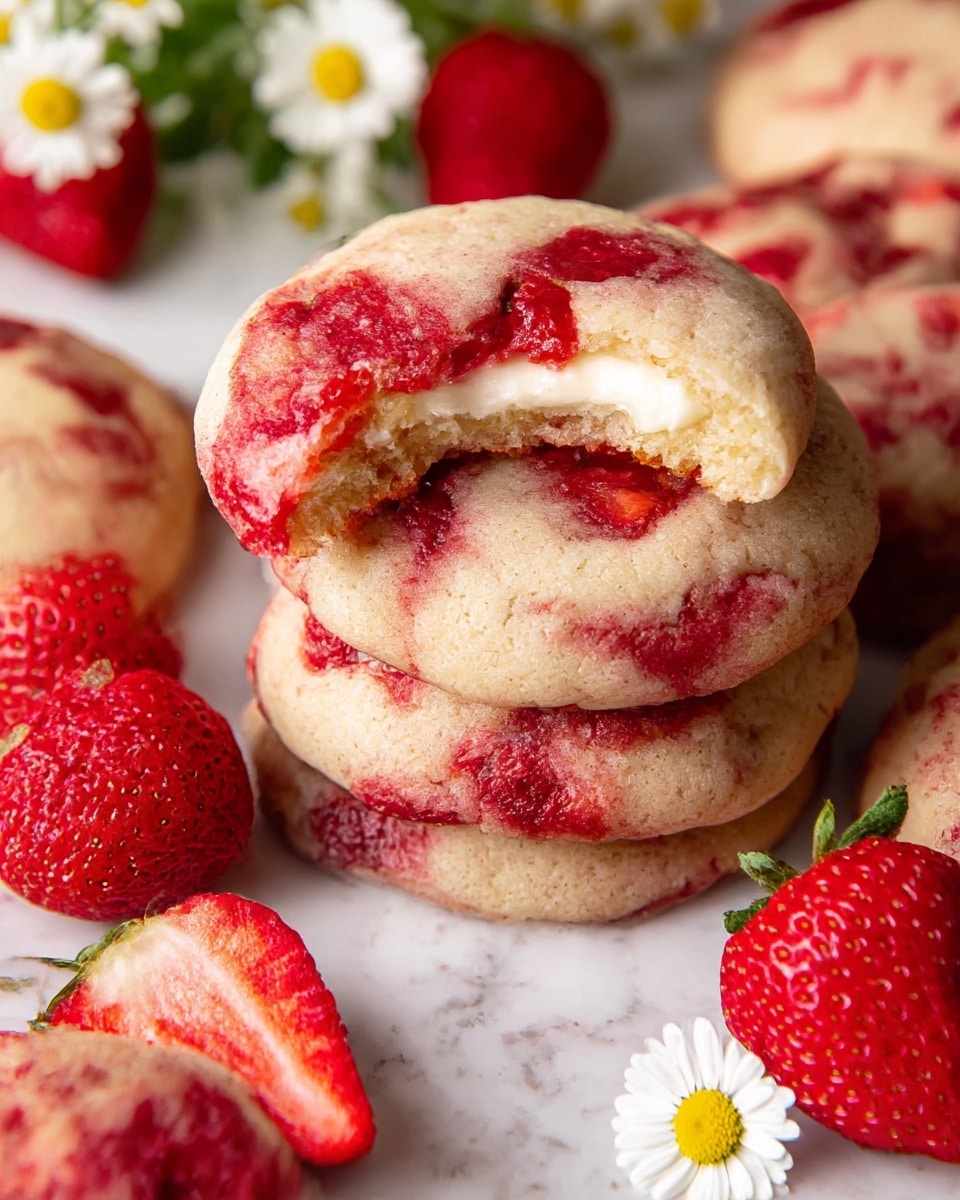 The image shows a stack of soft cookies with light beige dough mixed with bright red strawberry pieces throughout, making a marbled pattern. One cookie on top has a bite taken out, revealing a white creamy filling inside. Around the cookies are whole ripe red strawberries with green tops and a couple of small white daisy flowers with yellow centers. Everything is placed on a white marbled surface. photo taken with an iphone --ar 4:5 --v 7