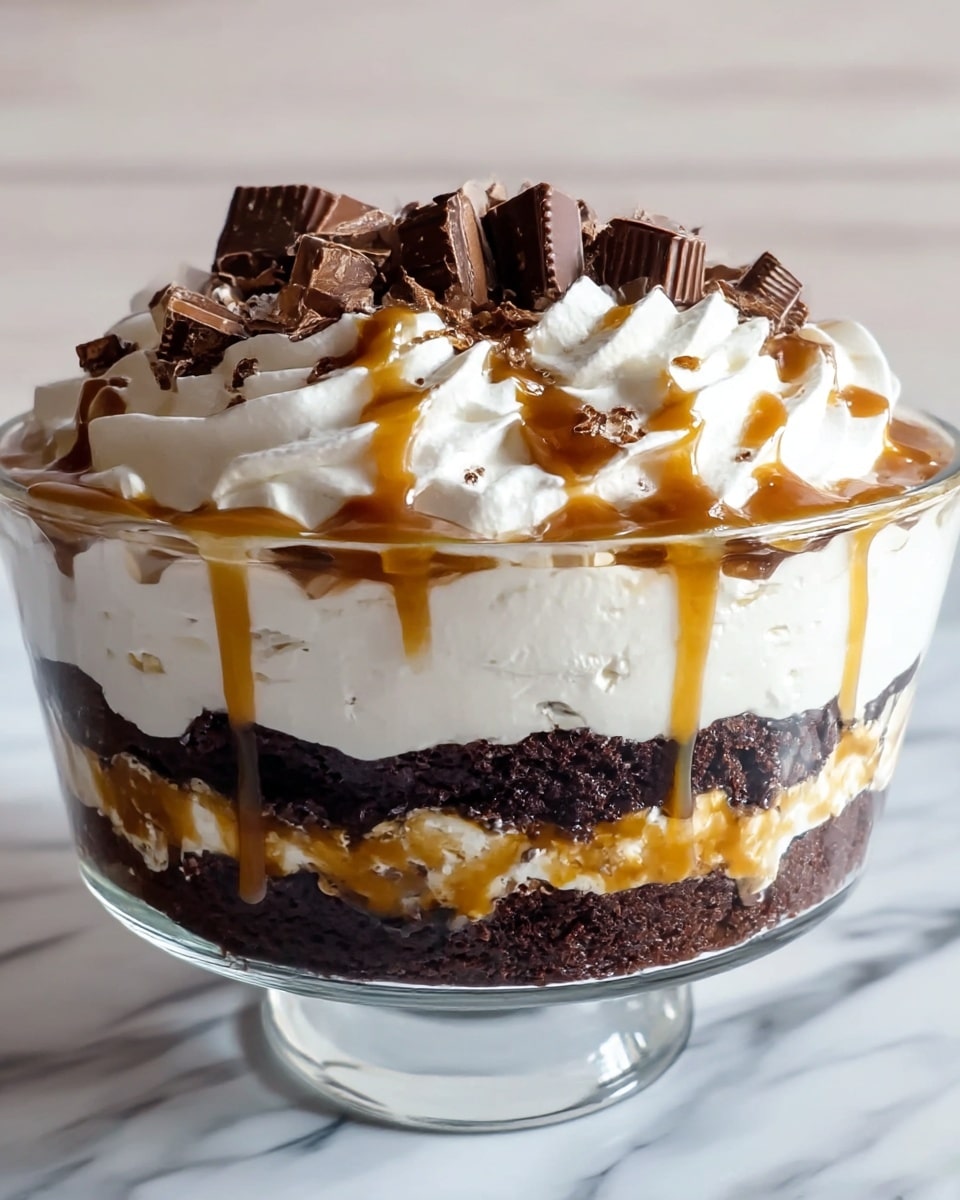 A clear glass bowl filled with a layered dessert stands on a white marbled surface. The bottom layer is thick, dark brown chocolate cake, topped by a layer of white creamy whipped topping mixed with a golden caramel sauce that spreads unevenly. Above this is another dense dark chocolate cake layer, followed by a generous swirl of white whipped cream forming peaks above the rim of the bowl. Caramel sauce drips down the whipped cream, and the top is sprinkled with chunky pieces of chocolate candy. Photo taken with an iphone --ar 4:5 --v 7