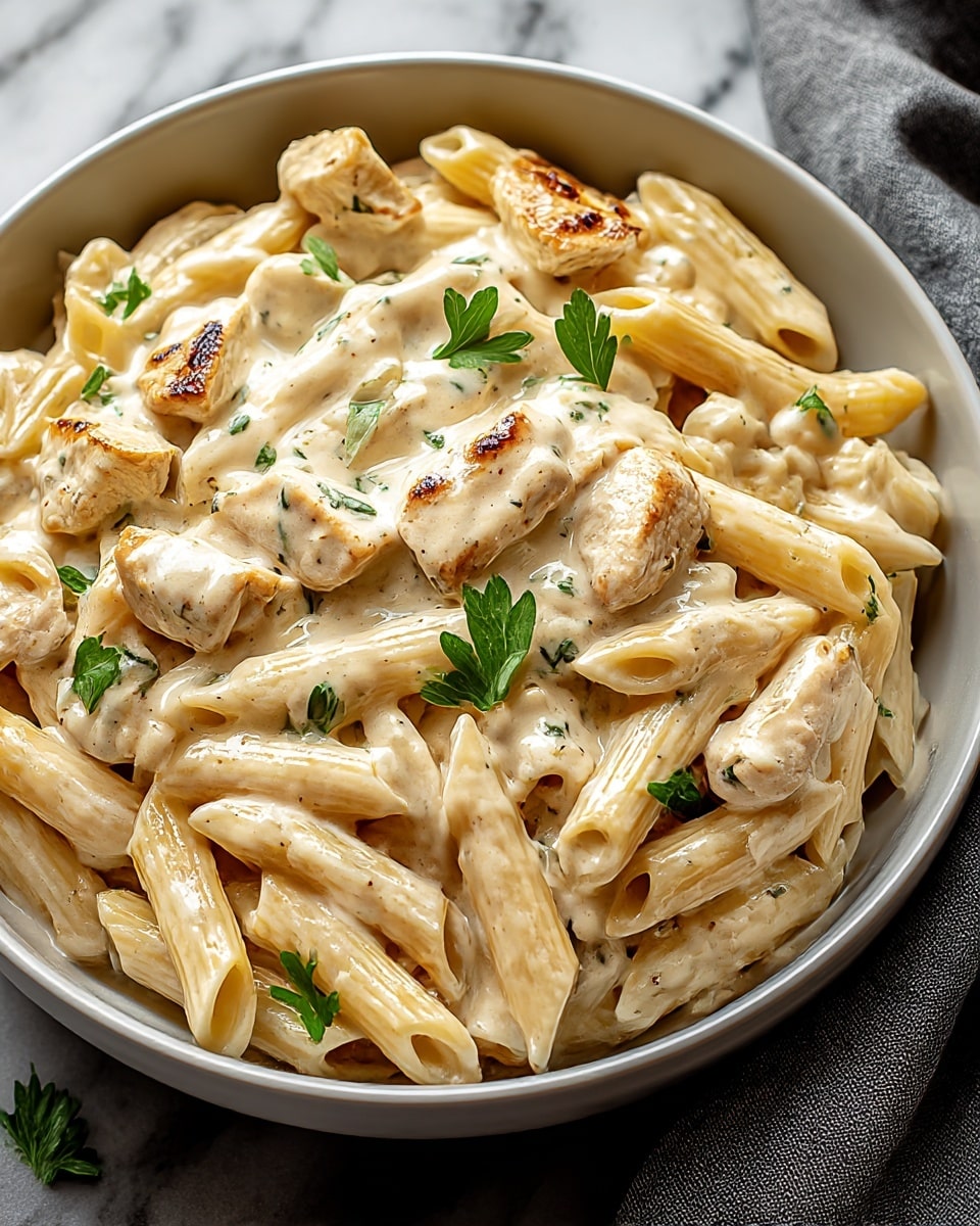 A close-up view of a bowl filled with creamy chicken pasta. The first layer is a bed of light golden penne pasta evenly coated in a smooth, glossy white sauce. On top and mixed throughout are chunks of grilled chicken pieces, some having slightly browned edges with a crisp texture. Scattered around are small green parsley leaves, adding contrast to the beige and white colors. The bowl holding the dish is white with a simple round shape, placed on a white marbled surface with a folded gray cloth napkin to the right side. photo taken with an iphone --ar 4:5 --v 7
