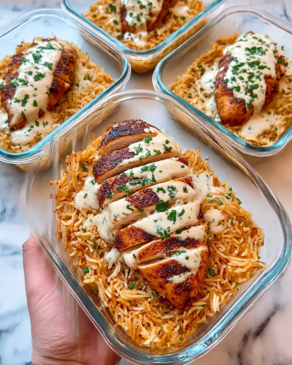 A clear rectangular glass container held by two woman's hands shows a meal with two main layers: the bottom layer has orange-colored rice mixed with herbs, and the top layer is a grilled chicken breast with dark char marks, sliced into sections and topped with a light beige creamy sauce sprinkled with green herbs. Behind this container, two similar glass containers with the same layered meal sit on a white marbled surface, each featuring the same rice base and grilled chicken with creamy sauce. The image captures the texture of the crispy chicken skin, the grains of rice, and the smooth sauce with herbs. photo taken with an iphone --ar 4:5 --v 7