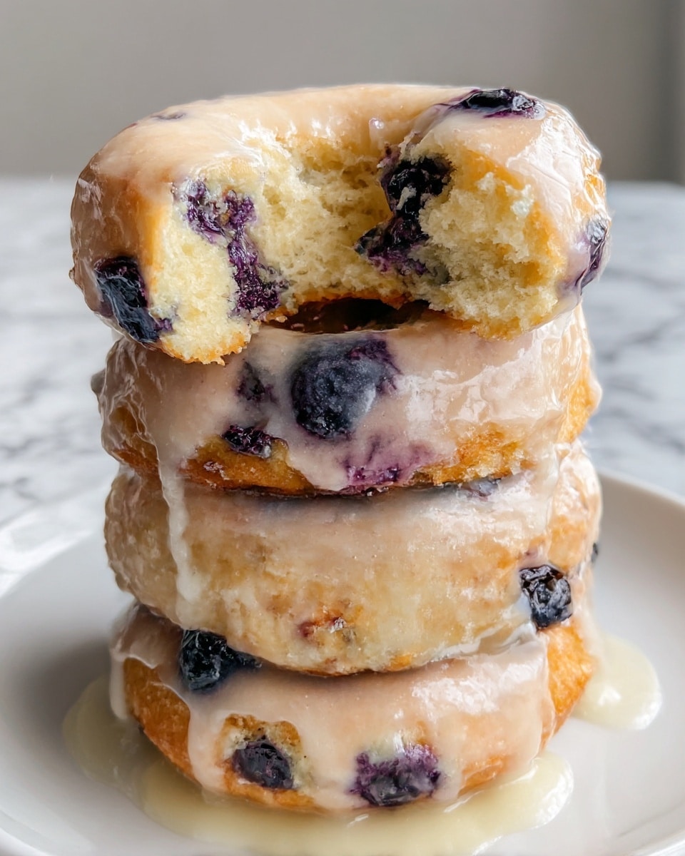 A stack of four glazed blueberry donuts sits on a white plate, placed on a white marbled surface. Each donut is pale golden brown with visible blueberries that create dark purple spots throughout the soft, moist texture. The donuts are thick with a smooth, shiny white glaze dripping down the sides, catching the light and adding a glossy finish. On the top donut, a piece is broken to show the inside, revealing a soft crumb with embedded blueberries. The glaze looks slightly translucent and pools gently at the base of the stack. photo taken with an iphone --ar 4:5 --v 7