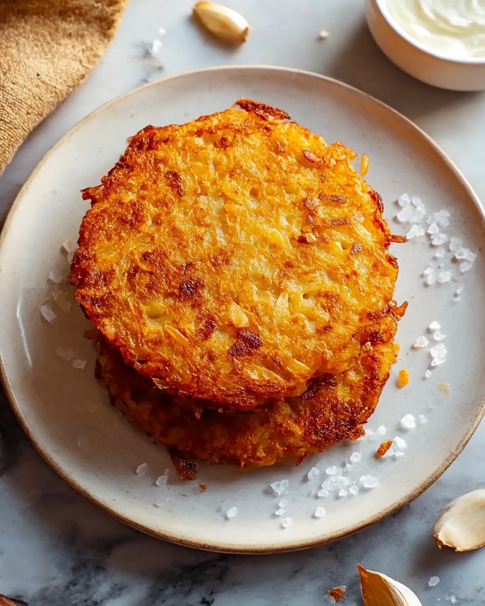 Two golden brown crispy potato pancakes are stacked slightly off-center on a round white plate. The pancakes show a textured surface with visible crispy bits and a warm, inviting orange-brown color. Small bits of fried potato edges peek along the outer rim, giving a crunchy look. The plate is set on a white marbled texture, with a few salt crystals and small garlic pieces scattered nearby, adding to the rustic feel. A small white bowl with a creamy white dip is partially visible in the top right corner. Photo taken with an iphone --ar 4:5 --v 7