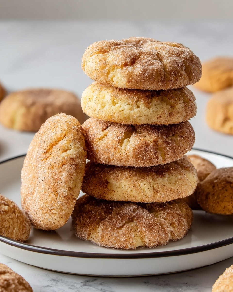 A stack of round cookies coated with granulated sugar and cinnamon sits on a white plate with a dark rim, all placed on a white marbled surface. Each cookie has a cracked pattern on top, revealing a soft, slightly golden yellow dough underneath the coarse sugar and cinnamon layer. The cookies have rough, crinkled edges and look thick and chewy. Some cookies are leaning against the stack on the plate, while a few more are scattered out of focus in the background. Photo taken with an iphone --ar 4:5 --v 7