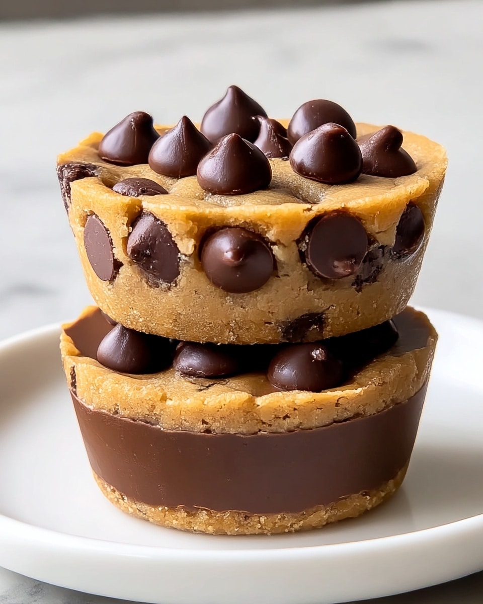 Two stacked cookie cups are shown on a white plate with a white marbled surface background. Each cookie cup has two main layers: the bottom thick layer is smooth and dark brown, resembling solid chocolate, while the top layer is a golden brown cookie dough embedded with chocolate chips. On top of each cookie layer are several glossy, rounded dark brown chocolate chips scattered unevenly. The edges of the cookie layer are slightly rough and crumbly, contrasting with the sleek chocolate base. photo taken with an iphone --ar 4:5 --v 7