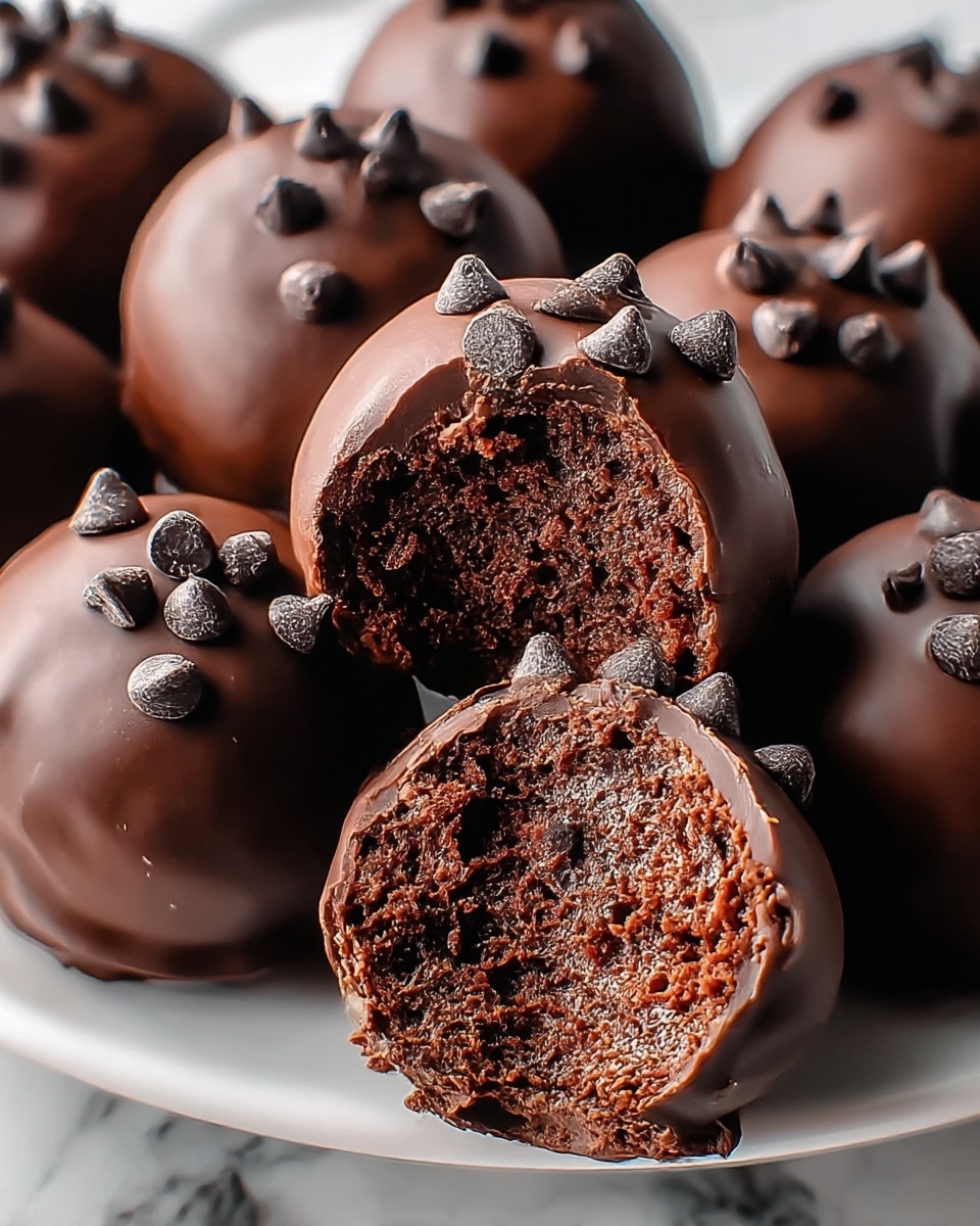 The image shows round chocolate truffles with a smooth, glossy dark chocolate coating, each decorated with small dark chocolate chips on top. One truffle is bitten to reveal a dense, rich, dark brown fudgy center with a moist texture. The truffles are closely arranged on a white plate, and the background is a white marbled surface. The overall look is rich and indulgent with a focus on the shiny chocolate and textured inside. photo taken with an iphone --ar 4:5 --v 7