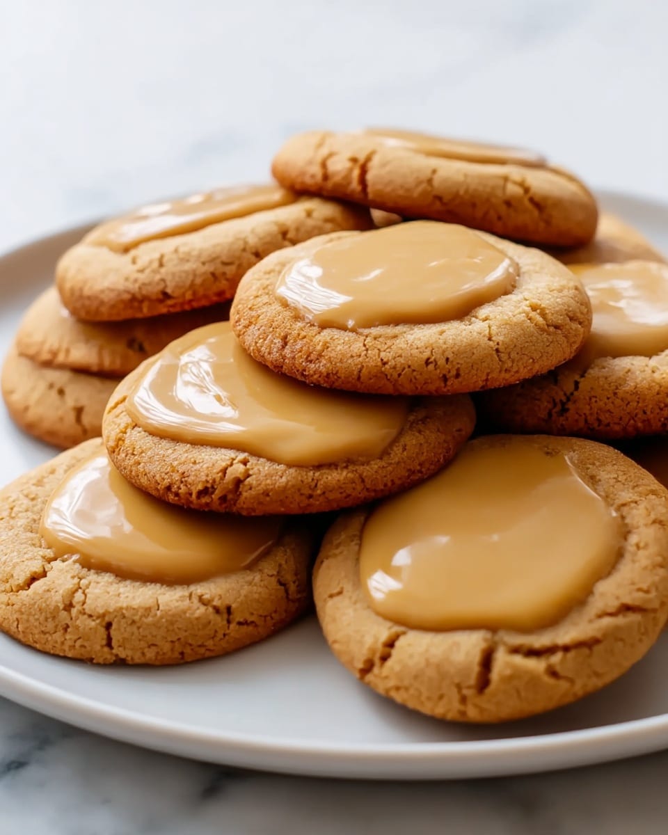 A stack of soft, round cookies arranged on a white plate with a smooth caramel-colored glaze on top. Each cookie is thick and light brown with a slightly crackled texture. The glaze is shiny and spread unevenly in the center of each cookie, creating a glossy layer that contrasts with the matte cookie surface. The plate sits on a white marbled surface, adding a clean and bright background to the warm tones of the cookies. photo taken with an iphone --ar 4:5 --v 7