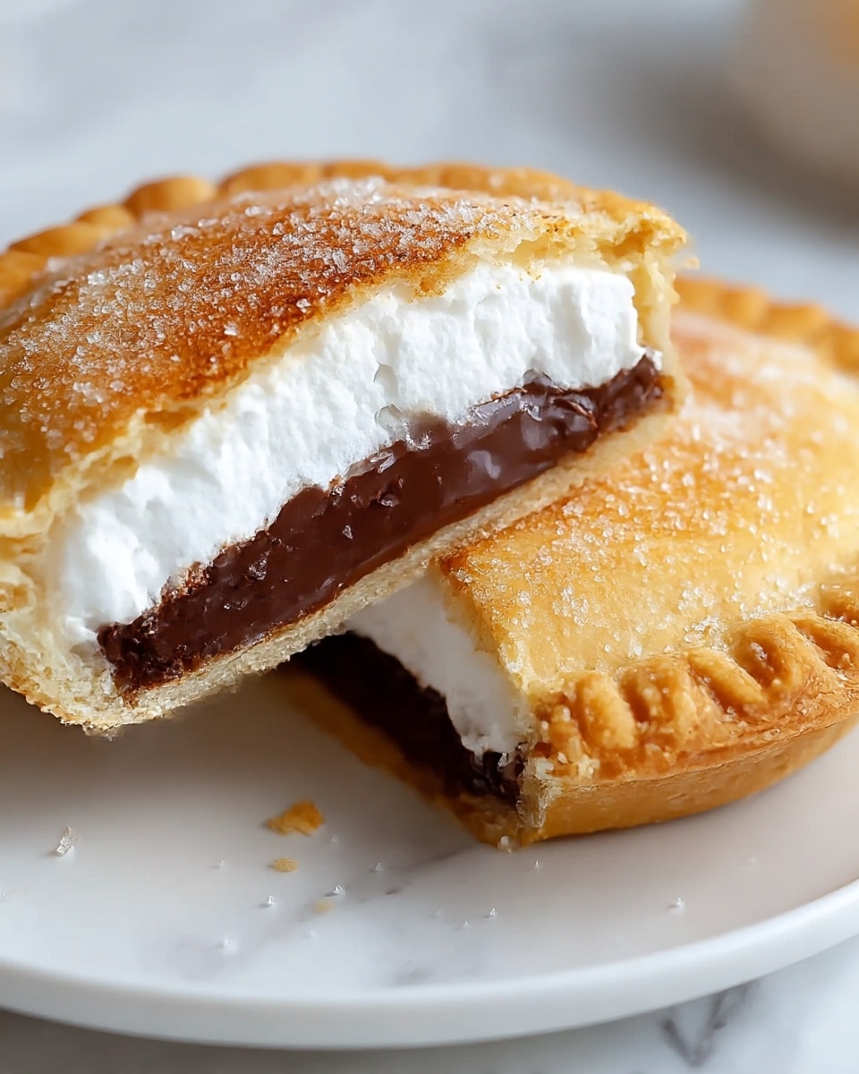 The image shows a toasted pie cut in half to reveal two inner layers: the top layer is white and fluffy marshmallow, while the bottom layer is smooth, dark chocolate ganache. The pie crust is golden brown, slightly crumbly, and has a light dusting of sugar crystals on top, with a crimped edge around the side. The pie halves rest on a white plate with a soft, white marbled surface as the background. photo taken with an iphone --ar 4:5 --v 7