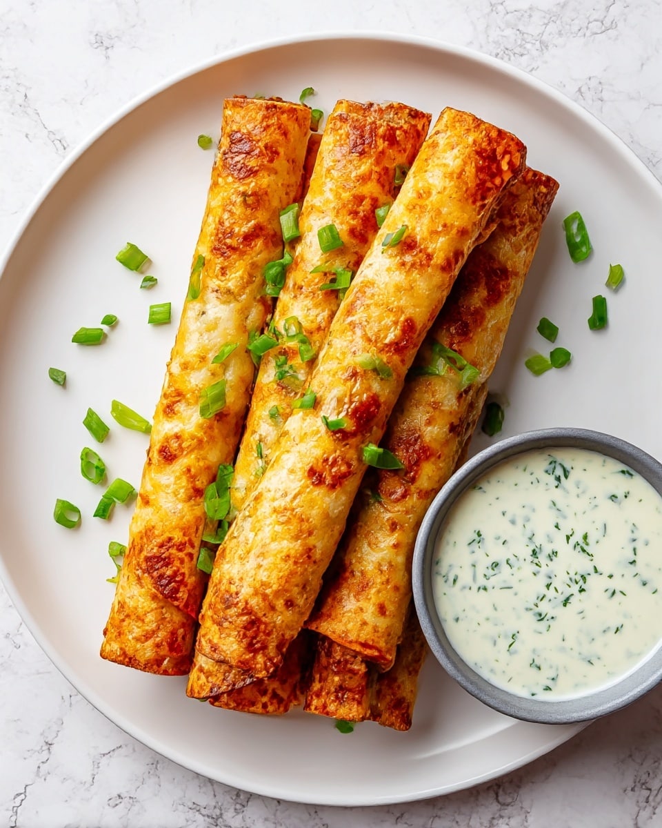 A white plate holds five crispy, golden-brown taquitos arranged side by side, each showing textured, toasted spots and slightly bubbly surfaces. Bright green chopped scallions are sprinkled on top of the taquitos and around the plate, adding color contrast. A small gray bowl filled with creamy white dipping sauce, speckled with green herbs, sits on the right side of the plate. The plate rests on a white marbled textured surface, enhancing the light and fresh feel of the image. photo taken with an iphone --ar 4:5 --v 7