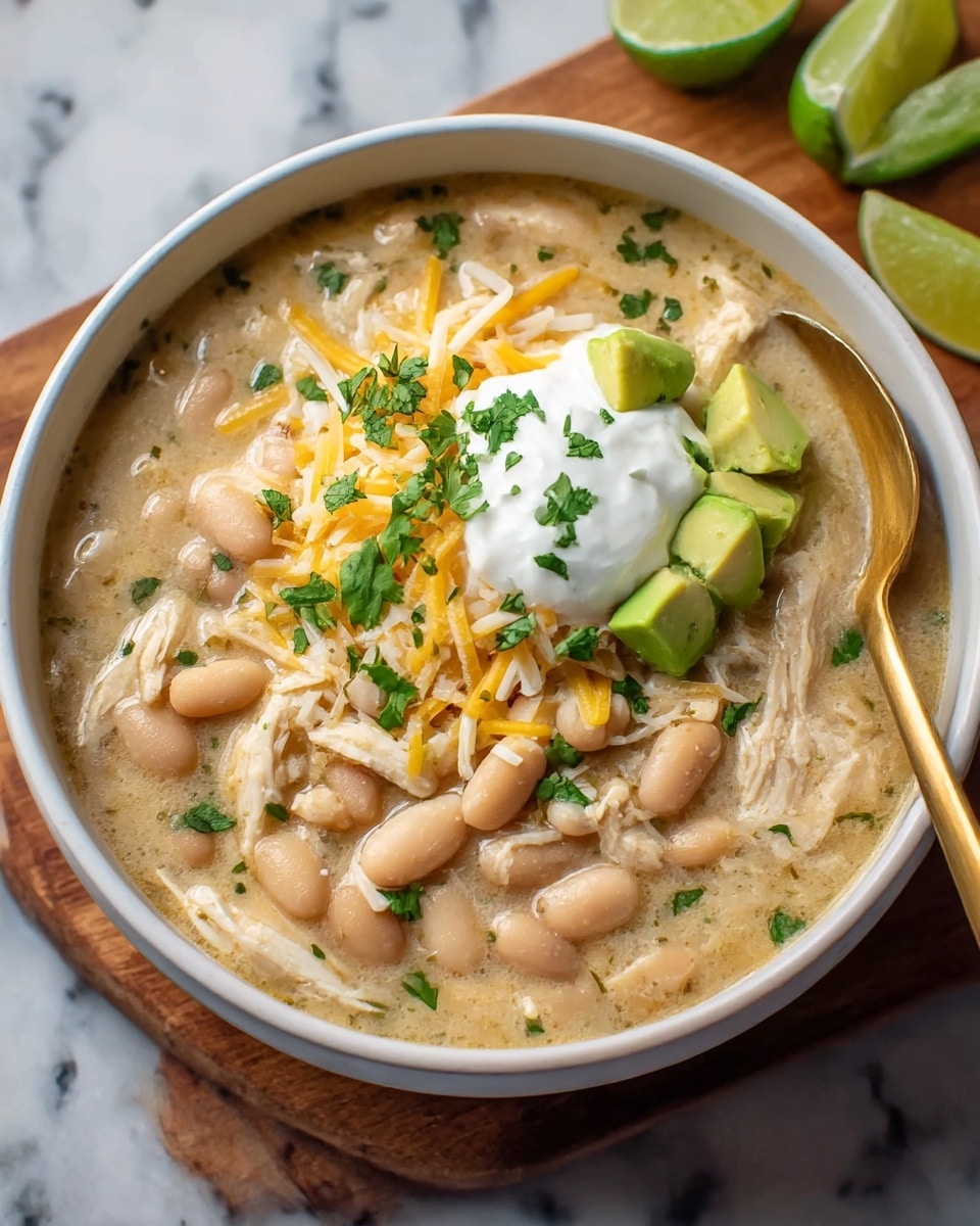A white bowl filled with creamy chicken and white bean soup forms the base layer, showing chunks of shredded chicken and whole white beans in a pale beige broth mixed with herbs. On top, a generous mix of shredded yellow and white cheese creates a vibrant layer with soft melting texture. A dollop of white sour cream sits in the center of the bowl, crowned by small bright green cilantro pieces scattered over it. Several chunks of fresh light green avocado pieces rest next to the sour cream, adding a fresh, smooth texture contrast. A golden metal spoon is partially submerged in the soup on the right side. The wooden board beneath the bowl and lime wedges slightly blurred in the background sit on a white marbled surface. photo taken with an iphone --ar 4:5 --v 7