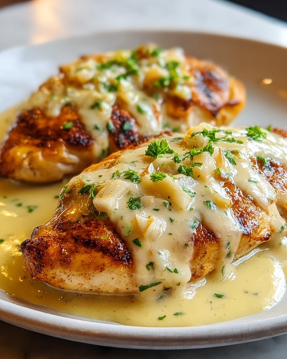 The image shows a close-up of two grilled chicken breasts on a white plate, each topped with a creamy, light yellow sauce mixed with small pieces of garlic and sprinkled with small green parsley leaves. The chicken breasts have a golden-brown crispy texture with visible grill marks under the sauce, which looks smooth and rich, slowly melting over the meat. The plate sits on a white marbled surface, creating a clean and bright setting. Photo taken with an iphone --ar 4:5 --v 7