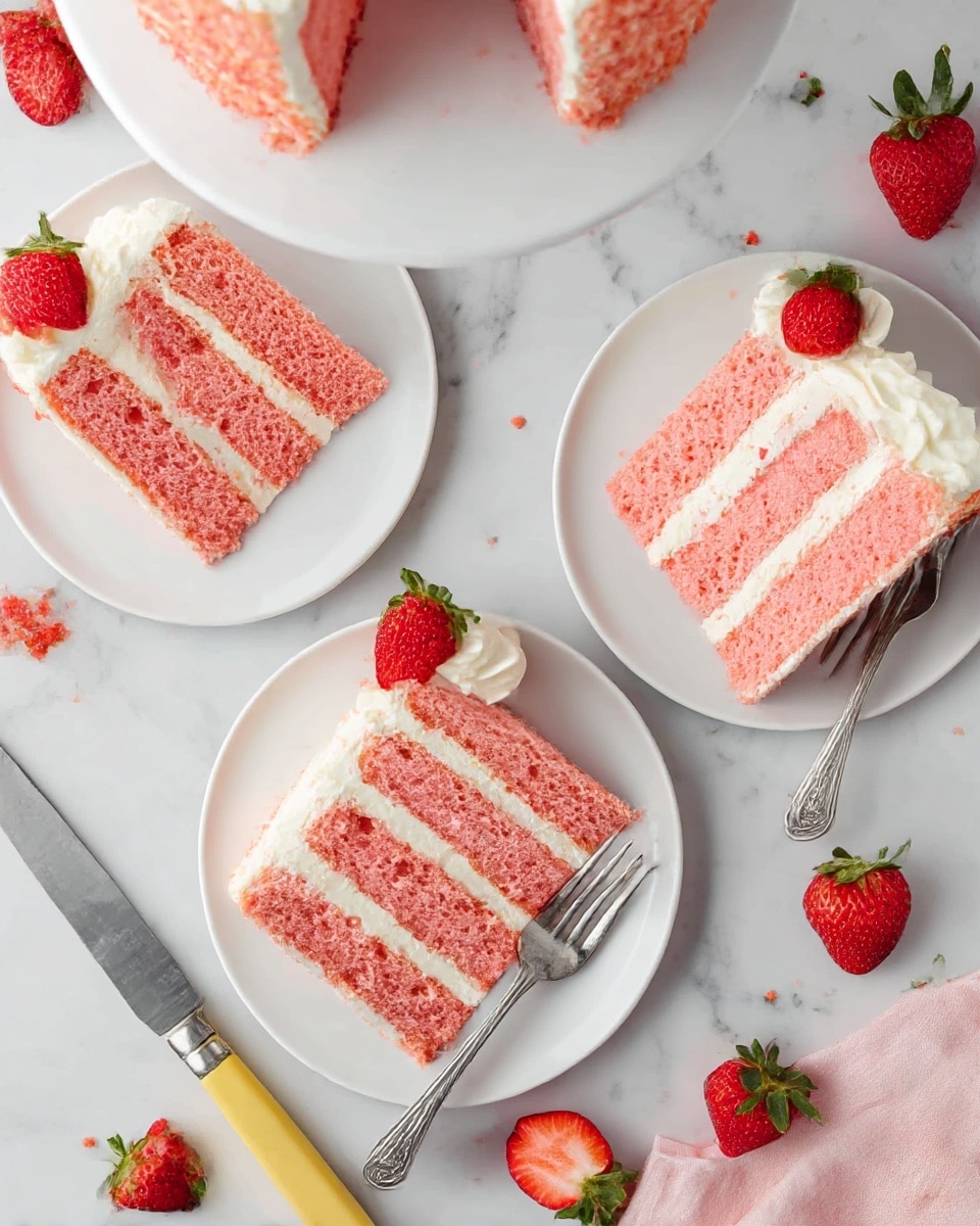 The image shows three slices of pink layered cake, each slice with three thick layers of moist pink cake separated by creamy white frosting. The cake has a crumbly nut coating on the outer edges and a dollop of white frosting on top of each slice, garnished with a fresh strawberry. The slices are placed on white plates with silver forks, arranged on a white marbled surface. Whole and halved strawberries are scattered around the plates, along with a knife with a yellow handle. Part of the remaining cake is visible at the top edge of the image, resting on a white cake stand. Photo taken with an iphone --ar 4:5 --v 7