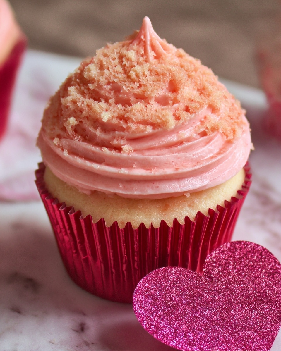 A close-up of a cupcake with three main layers: the bottom is a soft, light pink cake in a shiny red metallic wrapper; the middle layer is a thick swirl of smooth, light pink frosting with fine ridges; the top layer is a mound of crumbly, slightly darker pink and light beige crumbs covering the frosting peak, which ends in a small pointed tip. The cupcake sits on a white marbled surface beside a glittery pink heart-shaped decoration. Photo taken with an iphone --ar 4:5 --v 7