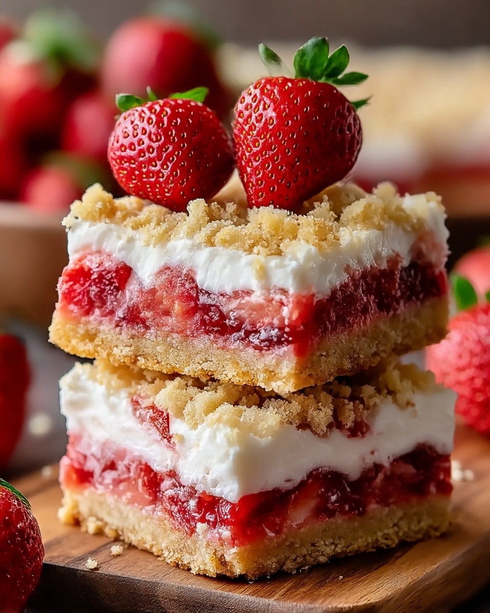 The image shows two stacked strawberry crumb bars on a wooden surface. Each bar has four visible layers: a crumbly golden brown crust at the bottom, a bright red strawberry filling with chunks of fresh strawberries, a thick layer of white creamy topping, and a loose crumbly topping of the golden crust. Two fresh, red strawberries with green leaves are placed on top of the upper bar. The background is soft and blurred, showing more strawberries out of focus. The photo taken with an iphone --ar 4:5 --v 7