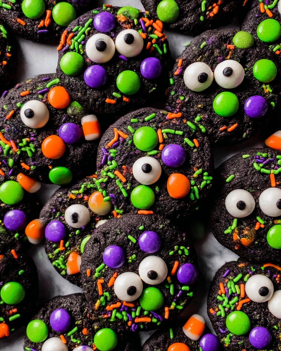 The image shows a close-up of many dark black cookies covered with colorful small round candies in green, orange, and purple, and white candy eyes with black pupils. The cookies also have sprinkles in bright green, orange, and purple scattered all over their rough, bumpy top surface. They are piled close together on a white marbled texture. The candies and eyes are placed randomly on each cookie, creating a fun and playful look. Photo taken with an iphone --ar 4:5 --v 7