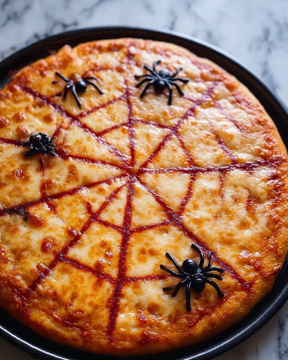 The image shows a round pizza with a golden-brown crust on a black pan, topped with melted cheese that is bubbly and slightly browned in spots. There are lines of reddish tomato sauce creating a spiderweb pattern across the whole surface, dividing the cheese evenly into triangular sections. Three small black plastic spiders rest on the pizza as decoration, adding a Halloween feel. The background is a white marbled texture. photo taken with an iphone --ar 4:5 --v 7