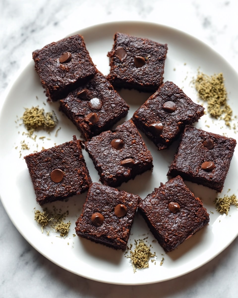 A white plate holds eight dark brown brownie squares arranged closely together. Each brownie has a textured, slightly rough top with a few glossy chocolate chips melted slightly into the surface, scattered unevenly. Around the edges of the plate, there are small clusters of light brown, dried herb buds that contrast with the dark brownies. The plate sits on a white marbled surface that adds a soft, elegant background to the display. photo taken with an iphone --ar 4:5 --v 7