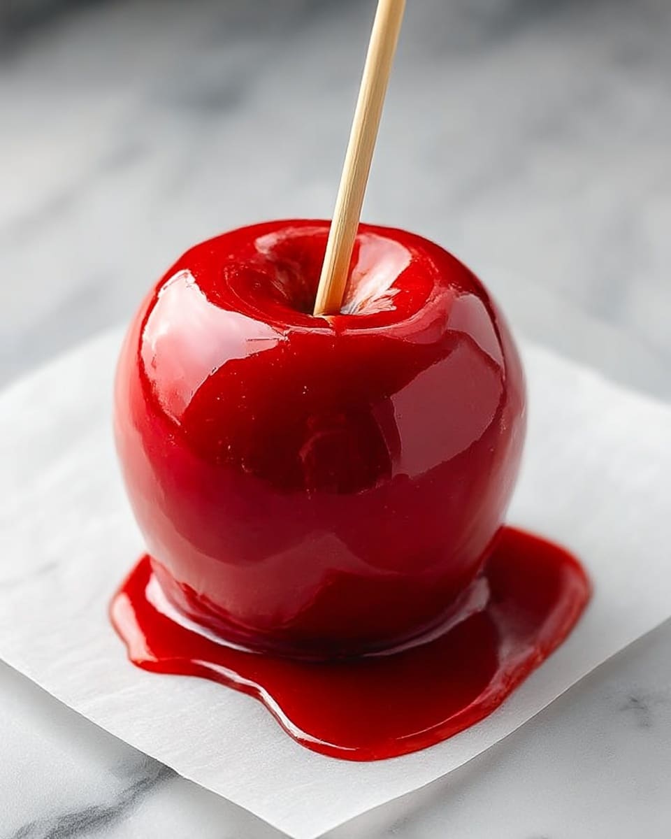 A shiny, bright red candy apple with a smooth, glossy candy coating sits on a piece of white parchment paper. The apple has a light brown stem at the top and a light wooden stick is inserted into the top, slightly angled. A pool of thick, red candy syrup spreads out around the base of the apple, reflecting light. The entire scene is set on a white marbled surface. Photo taken with an iphone --ar 4:5 --v 7
