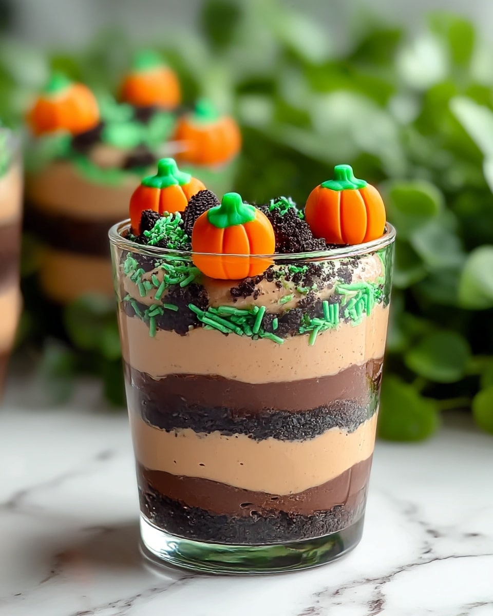 A clear glass cup holds a dessert with four visible layers, starting from a dark crushed cookie base at the bottom, followed by a thick light brown creamy layer, then a firm dark chocolate layer in the middle, and topped again with the light brown creamy layer. On the very top, there are crushed dark cookie crumbs mixed with green shredded pieces that look like candy or sprinkles, and three small bright orange pumpkin-shaped candies with green tops placed on the surface. The cup is set on a white marbled texture surface with green plants blurred in the background. Photo taken with an iphone --ar 4:5 --v 7