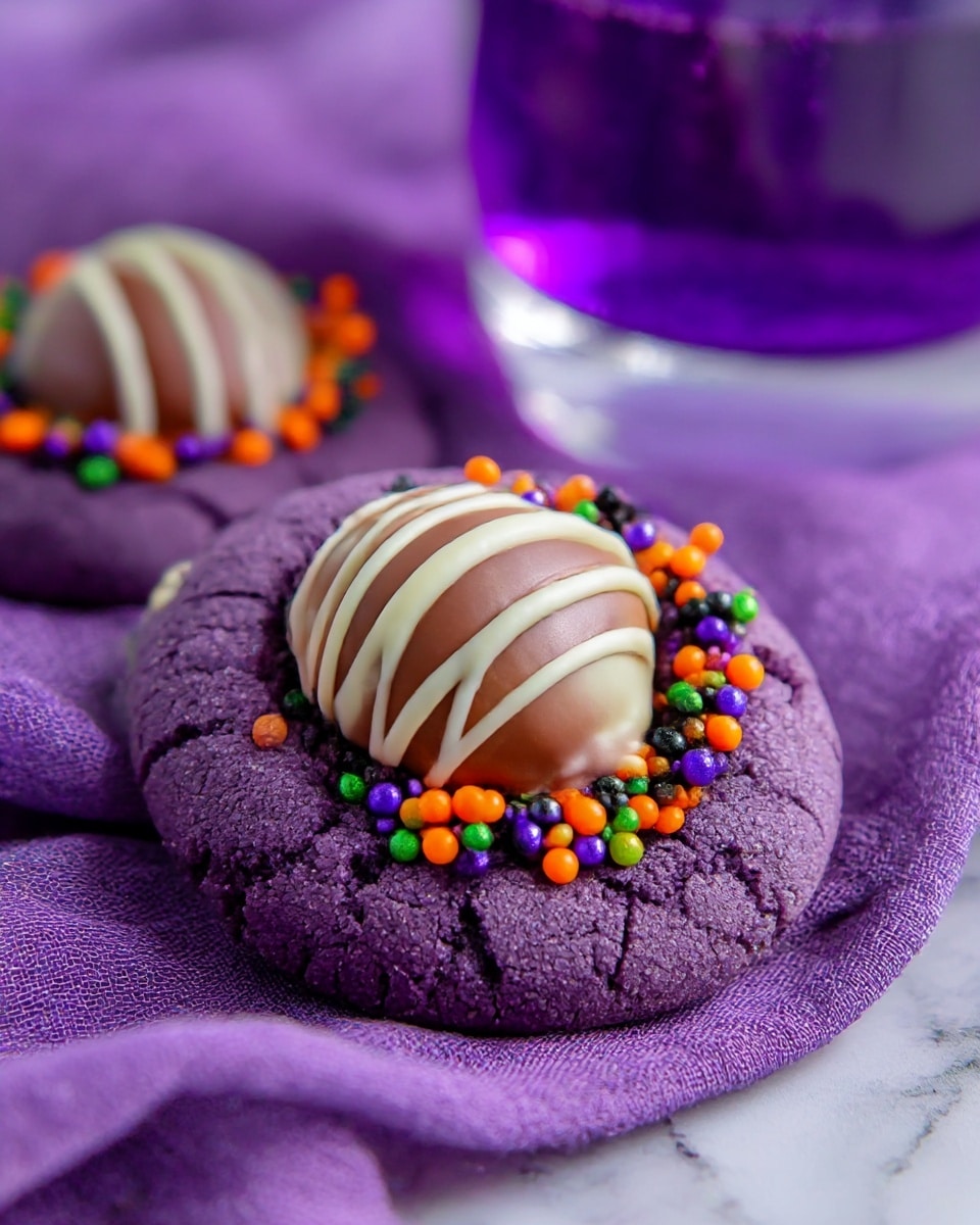 A close-up of two thick, soft-looking purple cookies with a cracked surface, each topped with a white chocolate kiss that has smooth brown stripes. Around the chocolate kiss, there is a ring of small round sprinkles in bright orange, green, black, and purple colors, adding a playful texture to the cookie's rough surface. The cookies sit on a purple cloth, which is gently folded and textured. In the background, there is a blurry glass with a purple liquid that matches the cookie color, all set on a white marbled surface. photo taken with an iphone --ar 4:5 --v 7