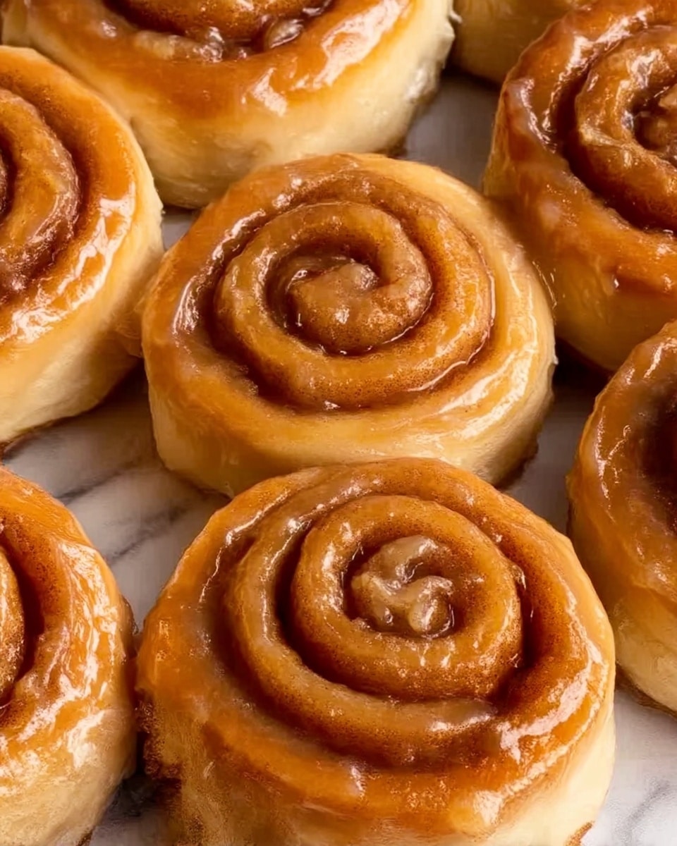 The image shows several golden brown cinnamon rolls closely placed together on a white marbled surface. Each cinnamon roll has multiple soft layers of dough swirling inward, with a shiny glaze coating the outside making them look moist and sticky. The outer layers have a slightly crispy texture with a light sheen, while the inside layers appear soft and fluffy with a cinnamon spice filling visible between spirals. The overall color is a warm caramel brown with hints of darker cinnamon specks throughout. photo taken with an iphone --ar 4:5 --v 7