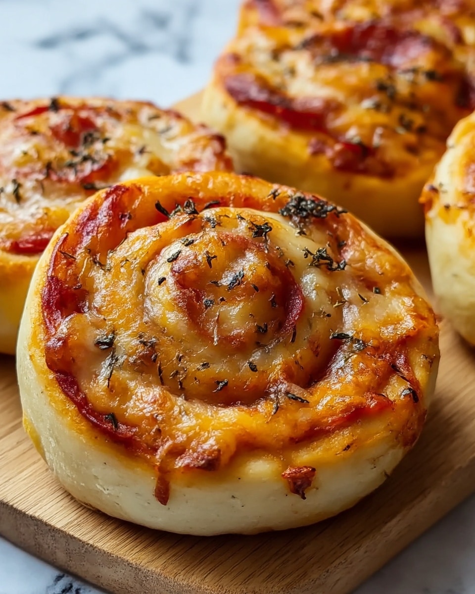 The image shows a close-up of three pizza rolls on a wooden board placed on a white marbled surface. Each roll has three main layers: a soft, thick, light beige dough base rolled into a spiral, a bright red tomato sauce layer spread evenly inside the dough, and a golden-brown melted cheese layer on top with some browned spots. Scattered black herbs are sprinkled on the cheese, adding texture and color contrast. The rolls have a slightly shiny and oily look, and their edges are lightly browned, showing a crispy outer texture. Photo taken with an iphone --ar 4:5 --v 7