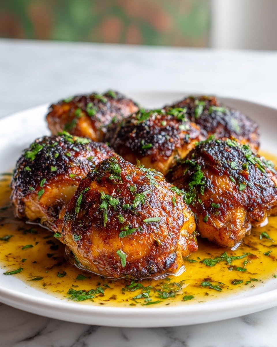 The image shows five pieces of roasted chicken thighs on a white plate, each piece with crispy, charred brown skin topped with fresh green herbs. The chicken has a shiny, glazed look from a golden sauce pooling around the base, adding a rich texture. The surface of the skin is crispy and uneven, with dark caramelized spots and bright green herb bits scattered on top and around the plate edges. The plate sits on a white marbled textured surface with blurred natural green and brown colors in the background. photo taken with an iphone --ar 4:5 --v 7