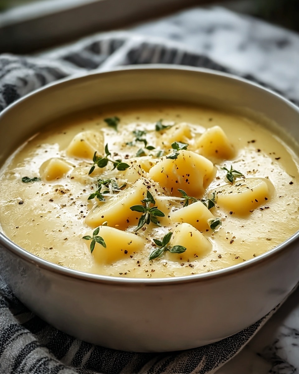 A close-up view of a bowl filled with creamy yellow potato soup, with visible chunks of soft potato on the surface, scattered with small green herb leaves and sprinkles of black pepper; the bowl is white and sits on a striped cloth over a white marbled texture surface, with soft natural light shining from the back, creating a warm and inviting atmosphere. photo taken with an iphone --ar 4:5 --v 7