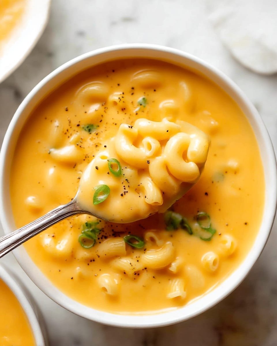 A white bowl filled with creamy, bright orange macaroni and cheese soup, showing visible elbow macaroni pasta pieces immersed in the smooth, thick soup. Small green chopped scallions float on top, adding a touch of fresh green color. Coarse black pepper is sprinkled over the soup, giving small black specks across the top. A silver spoon lifting some macaroni from the bowl is placed inside, angled slightly to the right. The bowl rests on a white marbled surface with a partial white dish visible near the top. photo taken with an iphone --ar 4:5 --v 7