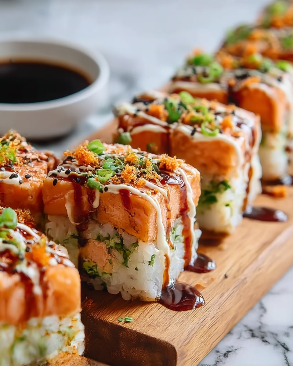 The dish shows thick square sushi pieces arranged on a wooden board, each piece made of a bottom layer of white sushi rice with a soft texture, topped with a thick layer of cooked salmon that is slightly flaky and pink-orange in color. Above the salmon, several thin slices of bright green avocado are laid neatly. The whole sushi stack is drizzled with a dark, glossy sauce that drips slightly down the sides, and sprinkled with small black sesame seeds, fine chopped green onions, and tiny orange fish roe, adding pops of color and texture. In the background, there is a white bowl with a dark soy-based sauce. The surface below is a white marbled texture. photo taken with an iphone --ar 4:5 --v 7