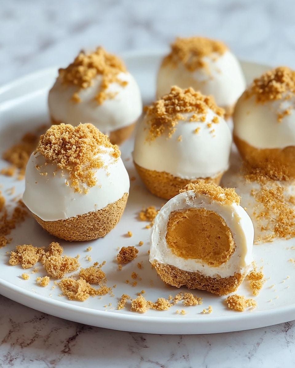 The image shows five small round dessert balls arranged on a white plate with a white marbled texture surface. Each ball has three layers: the bottom layer is a crumbly, light brown base, the middle layer is a smooth, creamy white coating that covers most of the ball, and the top layer and some parts of the bottom layer are sprinkled with fine, crumbly, light brown crumbs. Two of the balls are cut open, revealing a soft, orange-brown center inside the white coating. Some crumbs are scattered around the balls on the plate. photo taken with an iphone --ar 4:5 --v 7