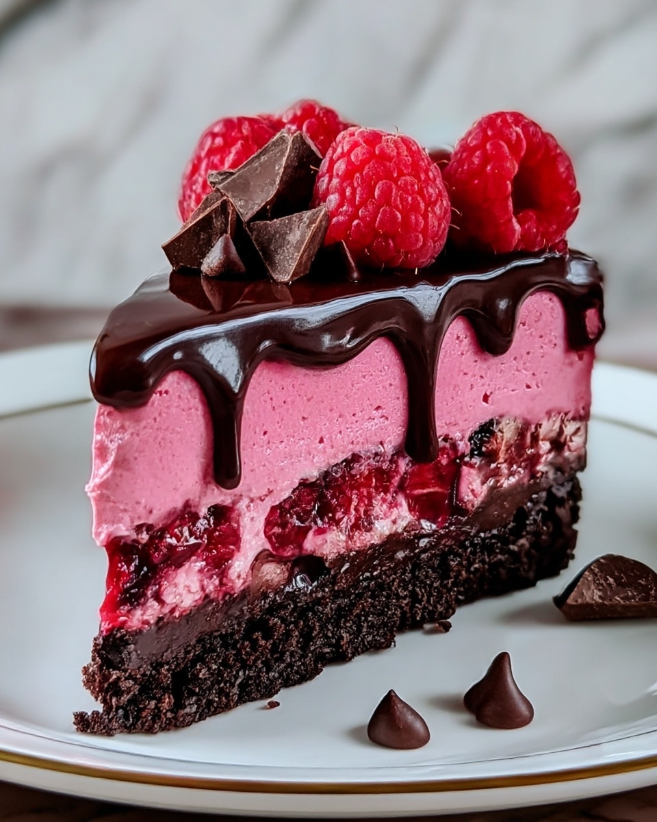 A slice of cake with four visible layers sits on a white plate with a thin gold rim. The bottom layer is a dark, crumbly chocolate base. Above this is a glossy dark chocolate layer mixed with small pieces of red raspberries. The next layer is a thick, smooth, bright pink mousse. The top layer is a shiny dark chocolate glaze that drips slightly over the edges. On top of the cake, there are fresh whole raspberries and small chunks of dark chocolate and chocolate drops. The background has a white marbled texture. Photo taken with an iphone --ar 4:5 --v 7