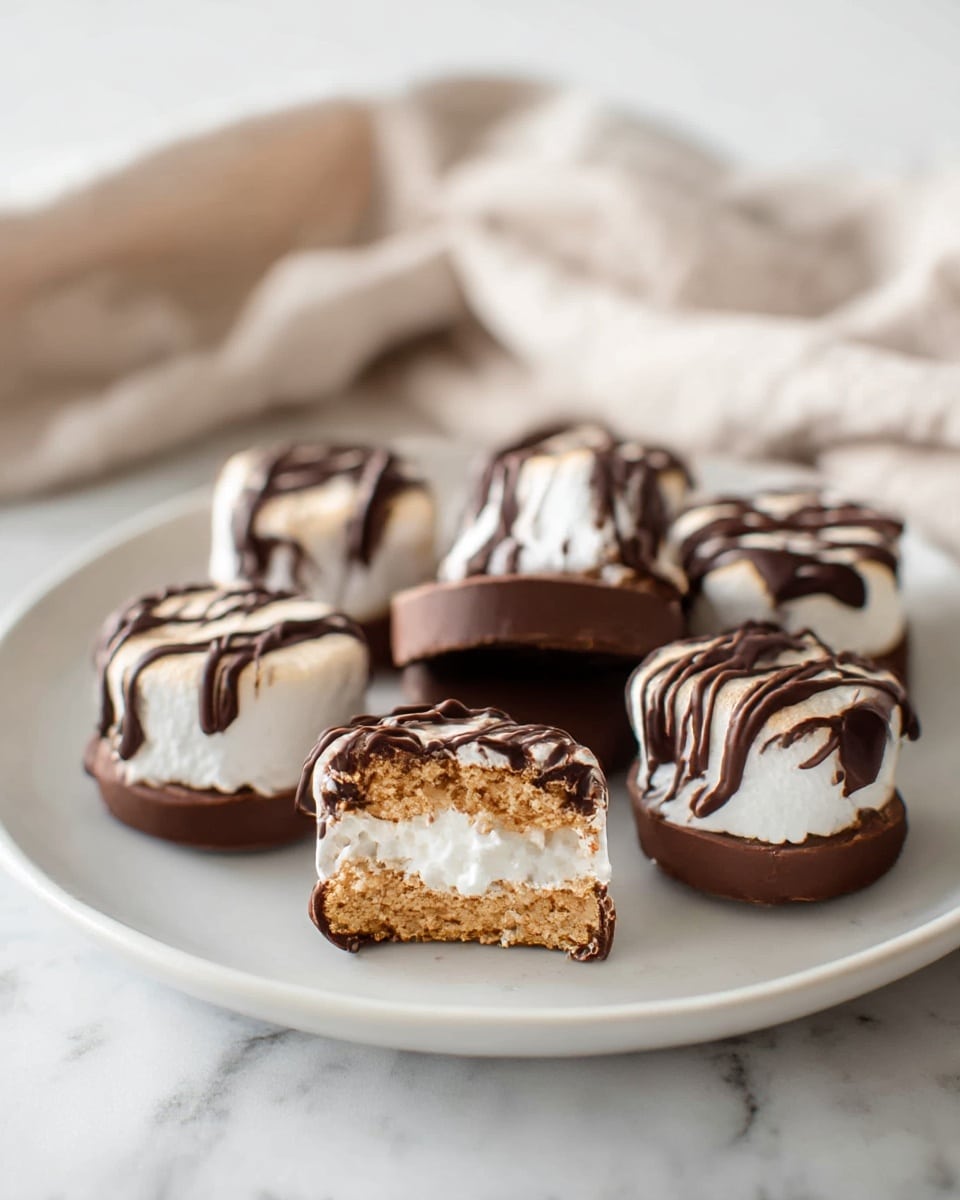 A white plate holds six round treats with three visible layers: a smooth dark brown chocolate base, a thick tan cookie-like middle layer, and a white fluffy marshmallow top layer. Each treat is covered with a dark brown chocolate drizzle that creates irregular patterns over the marshmallow. One treat is cut in half, showing the clear separation of the three layers and soft texture of the marshmallow. The plate rests on a white marbled surface with a soft beige cloth casually placed in the background. Photo taken with an iphone --ar 4:5 --v 7